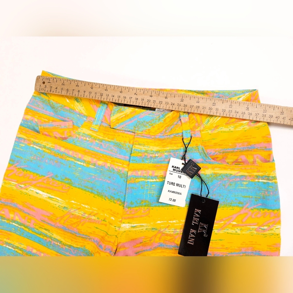 Karl Kani Vintage 90s NWT Turquoise Yellow Flare Denim Jeans 28 Small - Picture 5 of 16